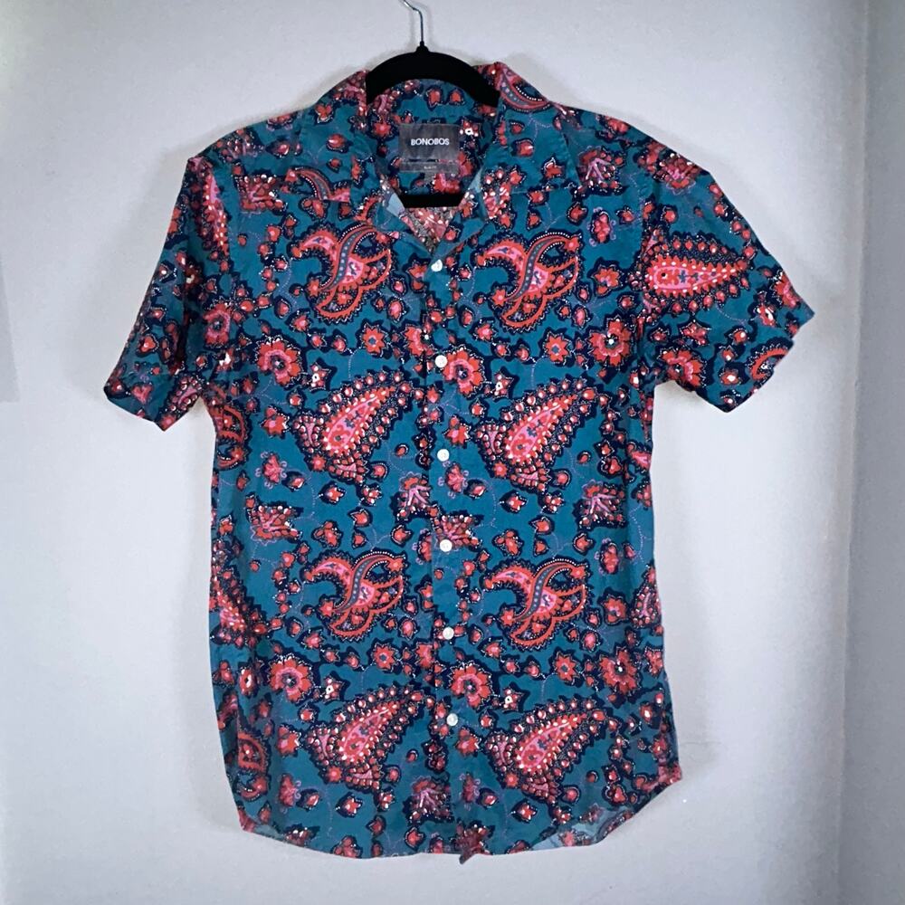 Bonobos Riviera SS Slim Fit Shirt Summer Paisley/Fluid Teal print, Mens Sz S